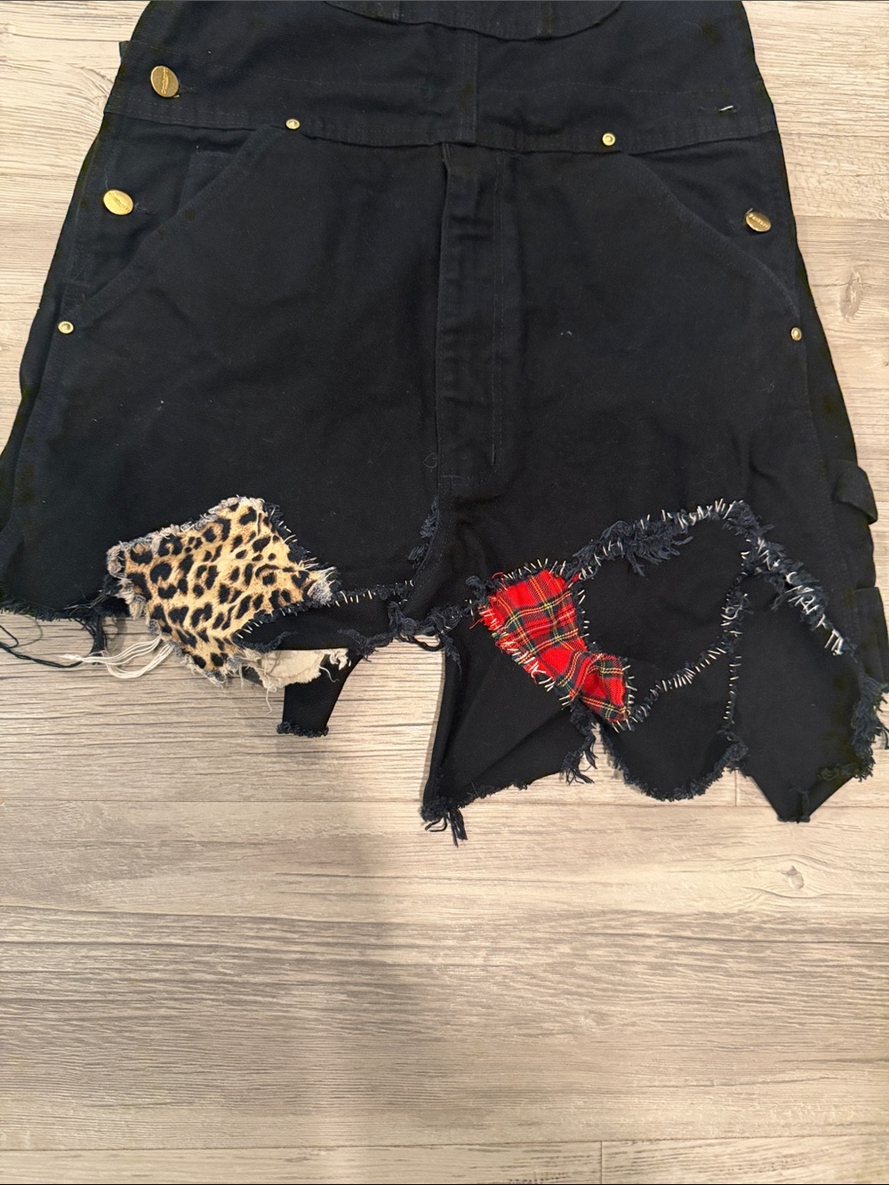 Carhartt Black Short Denim Overalls with Plaid & Leopard Patchwork - Picture 3 of 6